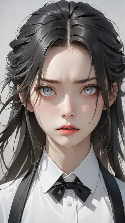 Ultra realistic tuxedos,  long hair,  Serious gray-eyed woman  , emphasizes gorgeous hairstyles/ black hair, bright eyes ,  Strong emotion dwells in the eyes  ,  thin brush 、 Japanese