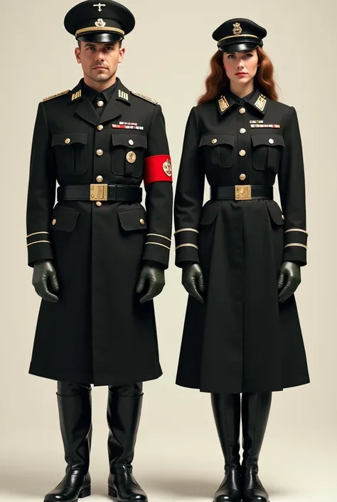 can u generate a picture of what those uniforms  of the axis in world war II would look like in your opinion side by side with the men  and women so I can draw and know the difference? and the only country needed for the assignment is germany and make them...