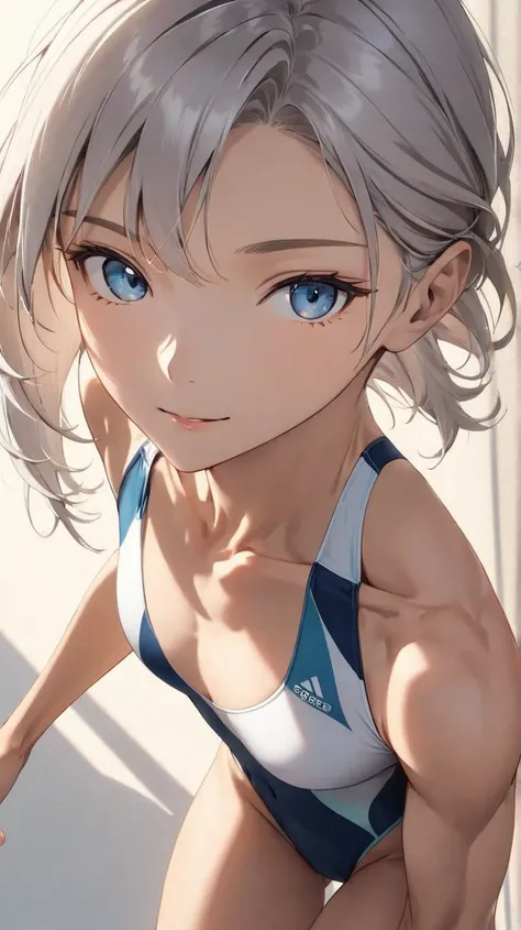 short, tousled light gray hair, beautiful detailed face, competition swimsuit, slender and elegant body, tall and slender figure, fit and toned legs, natural posing, relaxed expression, serene and gentle smile,  sharp line art, flat shading, cinematic ligh...