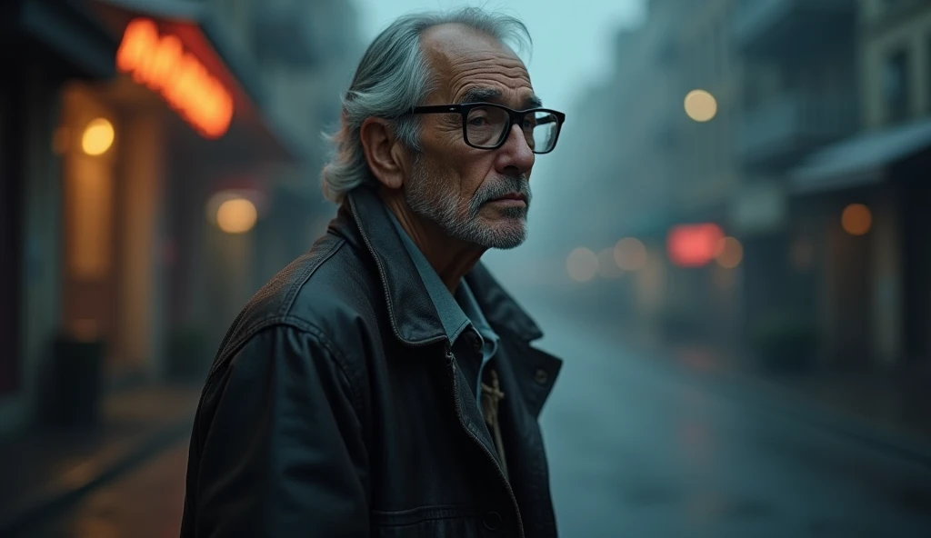 A serious old man with his glasses on the blurry street.