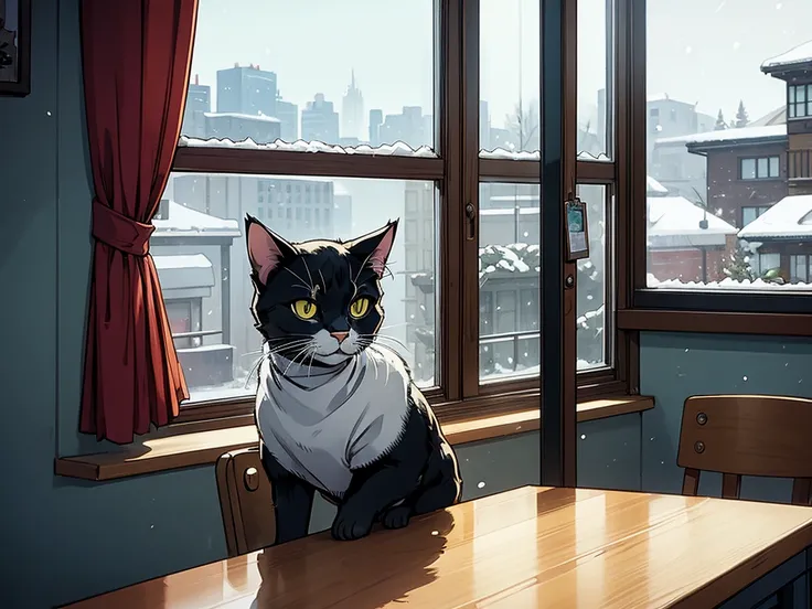 A cat in a rens series style, the cat is on a desk working with a window behind it with snow falling

