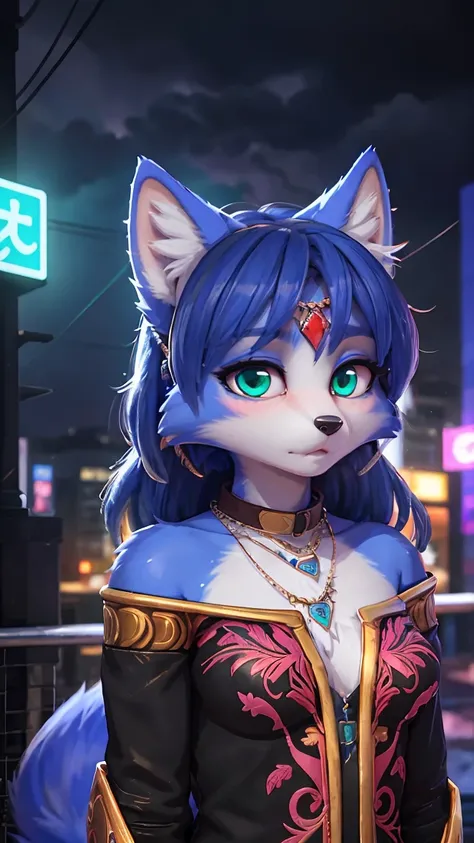 ((krystal)), Star Fox-Krystal, lovable, green eyes, ((( Long blue hair 1 .3))), Decollete, anthro, Fuzzy,  detailed Fluffys fell,  detailed face , (Fluffy),  1 girl, ,woman, Goth, green eyes, undercut, ultra-realistic 8k cg ,  masterpiece, (( ultra-detaile...