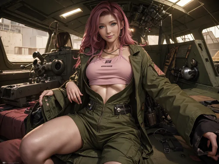 ((1girl)), Jewel Staite as Kaylee from Firefly, undone olive green coveralls, short pink crop top, long brunette hair, perfect breasts, sexy pose, smile, spaceship engine