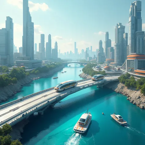 Sci Fi Future Industrial City With Crystal Clear Water Hub With Large Bridge, The City Has High-Tech Transportation