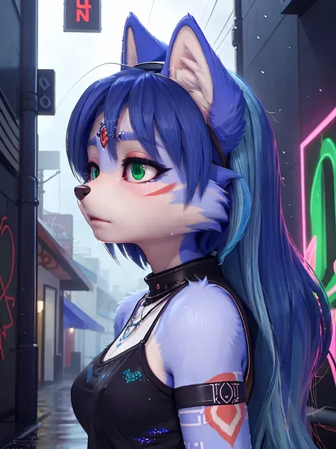 ((krystal)), Star Fox-Krystal, lovable, green eyes, ((( Long blue hair 1 .3))), Decollete, anthro, Fuzzy,  detailed Fluffys fell,  detailed face , (Fluffy),  1 girl, ,woman, Goth, green eyes, undercut, ultra-realistic 8k cg ,  masterpiece, (( ultra-detaile...