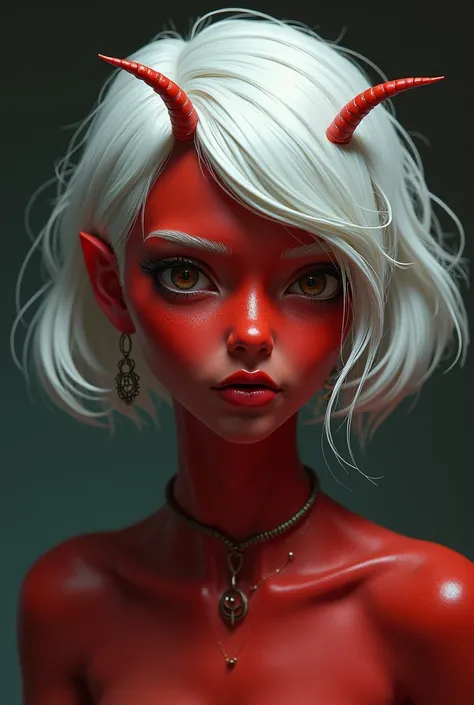 Young woman with red skin and horns, cabello blanco corto