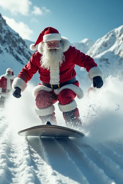 Sporty Santa Claus surfs on snow waves and pulls sledges behind him/Film-rich action)