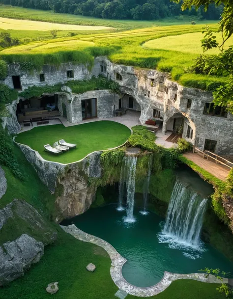 a view of a waterfall flowing into a pool in a lush green field, very close to real nature, cave with waterfall, stunning nature in background, beautiful place, epic and stunning, breathtaking landscape, waterfalls and lakes, amazing landscape, with waterf...