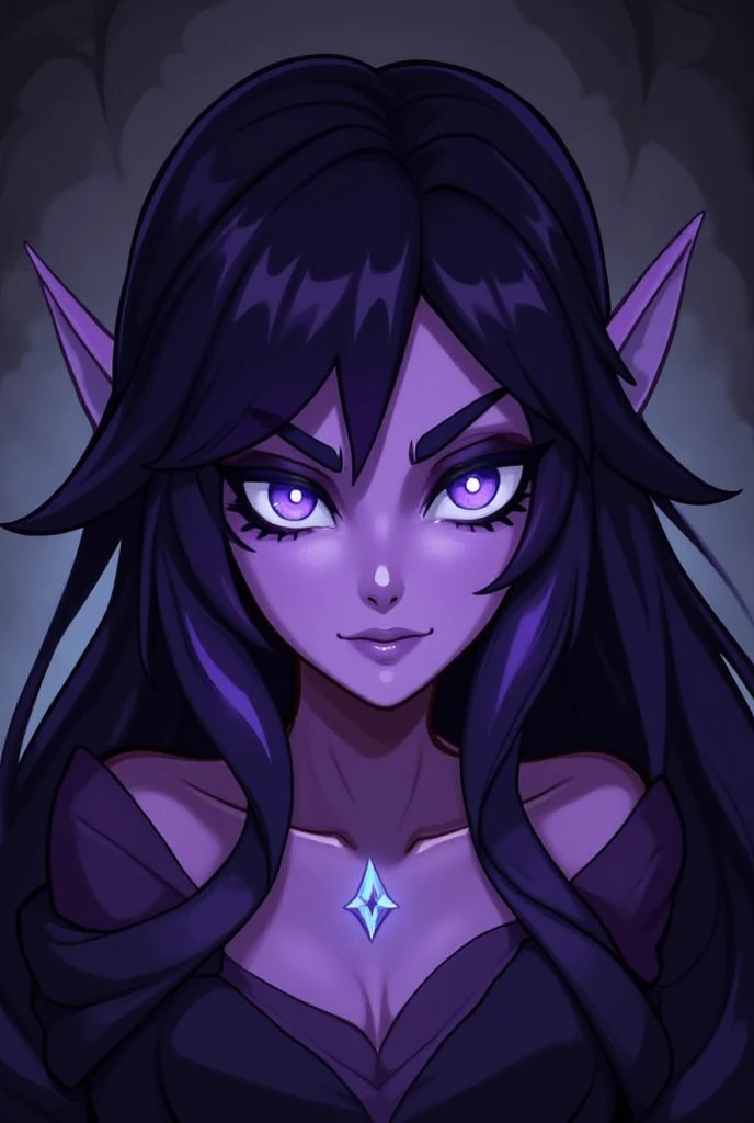 morgana from league of legends , light purple skin , dark purple hair , dark eye liner 