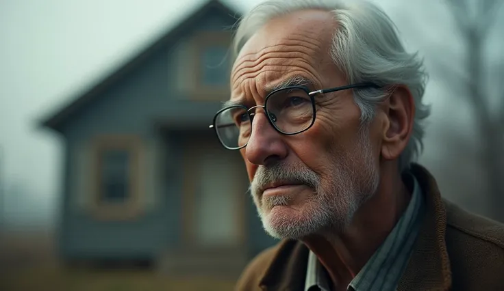 A serious old man with his glasses and in the back his blurry house.