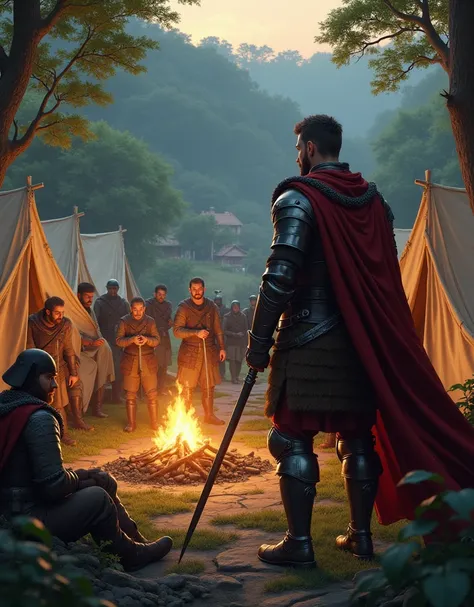 The king and his soldiers camping near a small, rustic village at the edge of a lush forest, with tents and a warm evening glow.