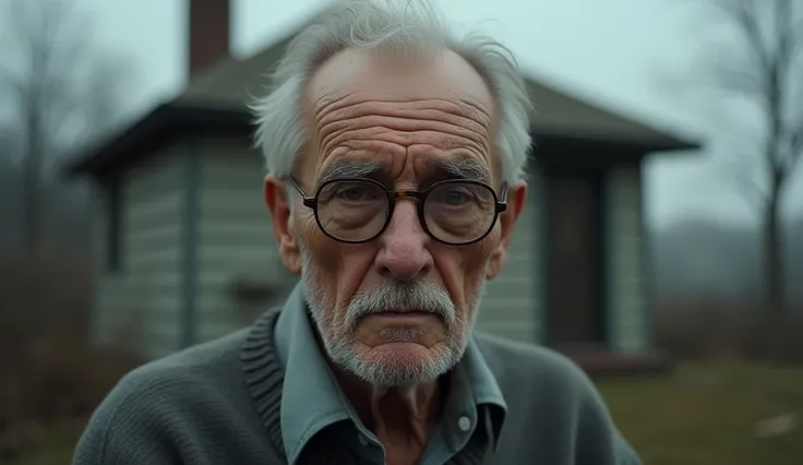 A serious old man with his glasses and in the back his blurry house.