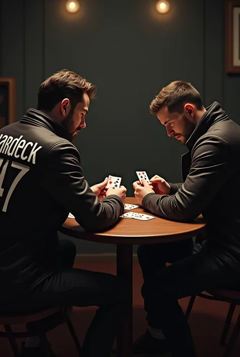 Two men are playing cards and one man is wearing a jacket that says slardeck47 