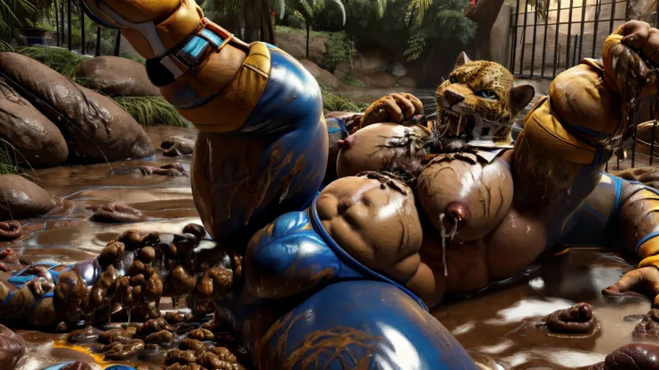 tekken king,screaming,An expression of agony,huge nipples,nipple piercing,The semen ejaculated from the many penises surrounding him is sprayed through his body,A bulge with a clearly visible shape of an erect penis,(((eating scat,Soft and muddy poop like ...