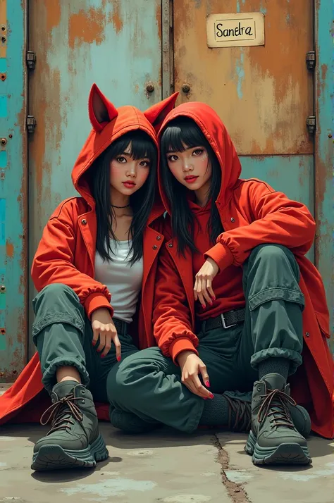 A detailed and colorful low angle digital shot shows two beautiful young woman with a Thai-Chinese face, in a futuristic streetwear outfit,  The person is wearing an red jacket with a hood , red hijab,that resembles fox ears, cargo pants, a handgun attache...