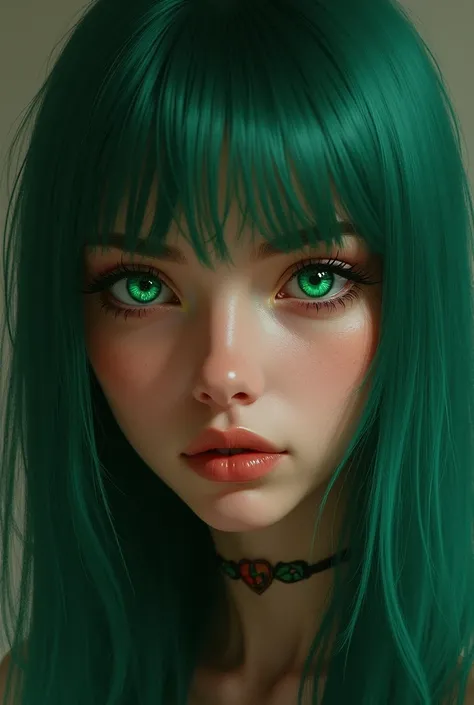 A woman with lead-colored hair and bright emerald eyes 