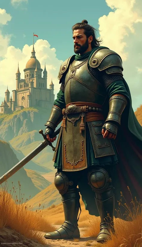  Illustration of a traditional warrior ,  standing gallantly on an ancient battlefield .  He wore dark metal-colored armor with a long sword in his hand.  The background is a large castle on a hill , dikelilingi oleh pepohonan green dan pegunungan yang men...