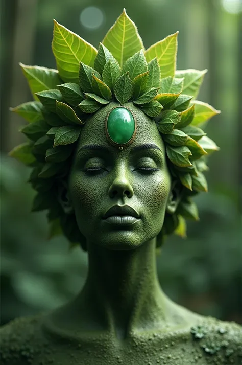 Mother Nature with a crown made of leaves on her head and in the button of the crown a greens oval stone. The crown needs to be like a “v” 