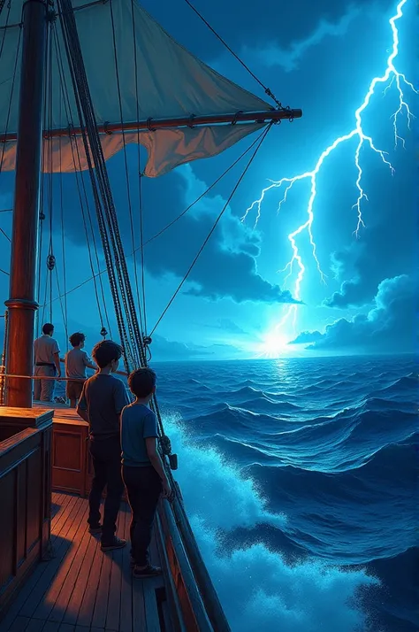 Seas from a ship , lightning bright color cartoon fantasy realistic style 