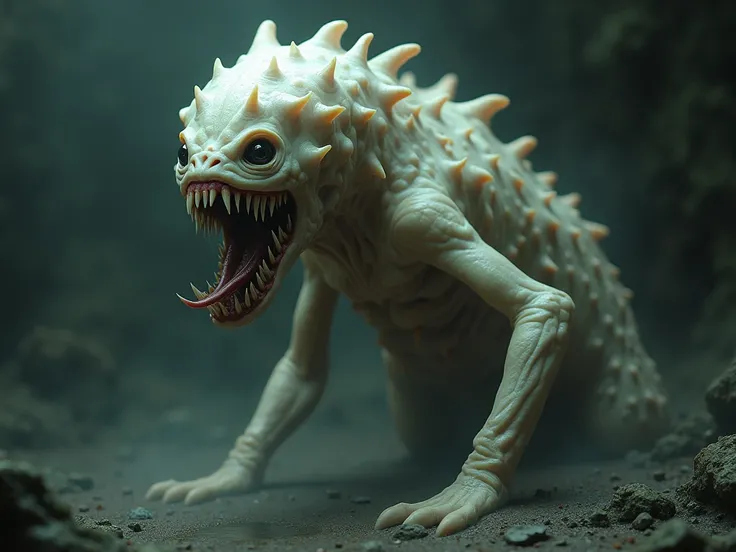  amorphous creature with teeth all over its body , with white skin and no eyes 