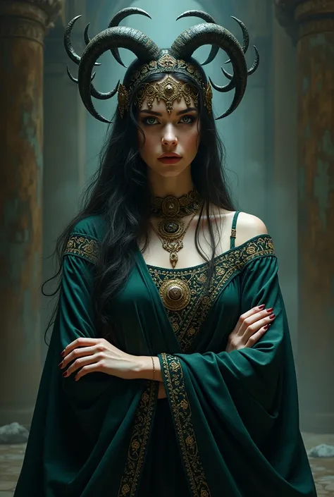 a detailed full body portrait of Hecate, the greek goddess of magic and the night, beautiful and mysterious, dramatic lighting, chiaroscuro, intricate ornate clothing, ornate headdress, glowing eyes, ethereal, powerful, goddess, mythology, Hesiods Theogony