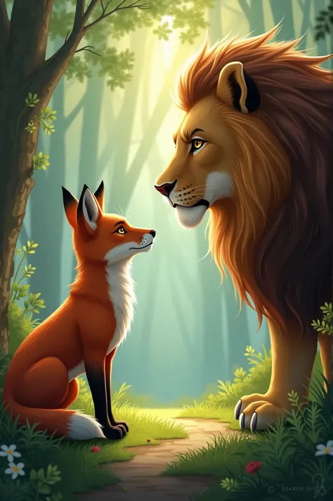 The fox talks to the lion.