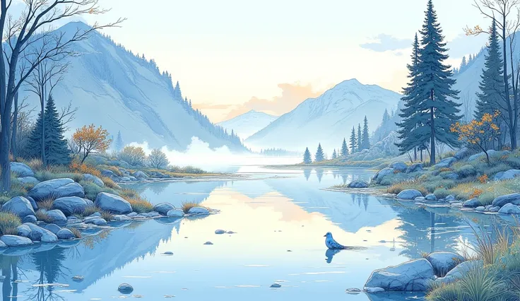 (masterpiece:1.2,Outstanding quality,Mirror finish, Best Illustration ),8k,16k,wallpaper,(Quiet Lake),(morning haze),(Quiet Lake畔の森の影),(A cuckoo is croaking ),(Watercolor),( Dynamic ),( beautiful gradation),(Tranquility VFX )