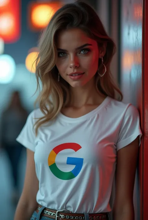 Create an image of a hot girl with google tag on T-shirt