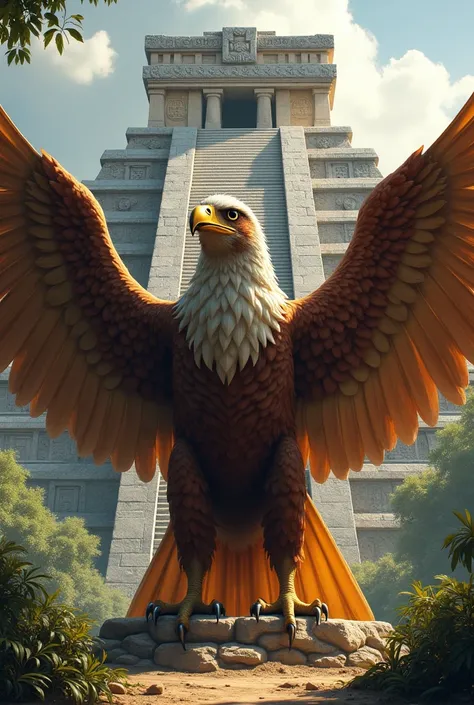 A majestic eagle ,  standing with spread wings in front of an Aztec temple,  as if guarding the landscape .