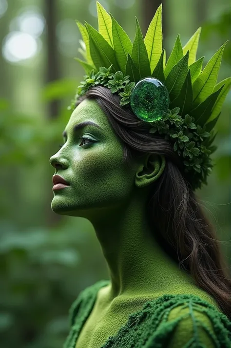 Mother Nature with a crown made of leaves on her head and in the button of the crown a greens oval stone. The crown needs to be like a “v” made of leaves 