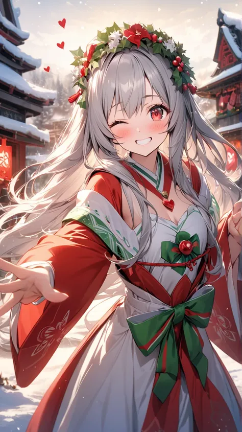 ( top quality, ),  beautiful woman (One eye is red:1.2), elements. well-groomed face、Happy expression、Red face、Pale green shrine maiden costume、 Silver Hair、 red eyes、 cute expression (目がheart、one eye closed、)、 long hair, shooting test model, Winter landsc...