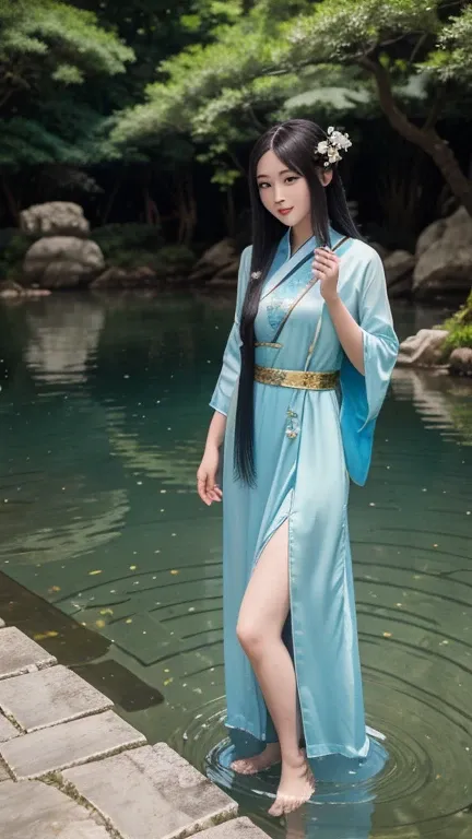 ((4k,masterpiece,best quality)), shuimobysim, Chinese painting, lotus, hanfu, maxiskit, dress open, swf 1girl, solo, long blue hair, smile, standing, feet in the water, barefoot,