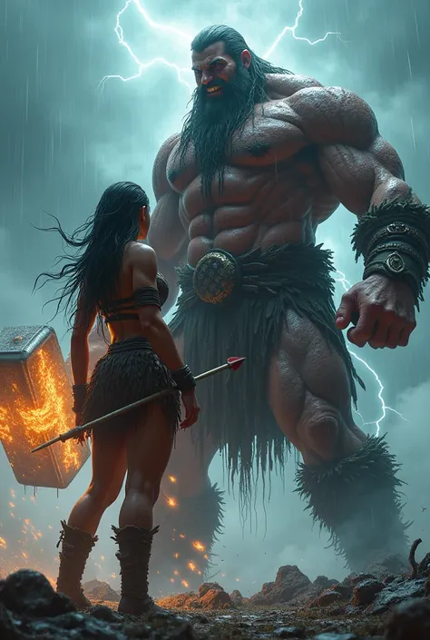 Thunderstorm

"Two colossal young warriors, each standing 50 feet tall, illuminated by the flashes of lightning amidst a raging thunderstorm on a soaked battlefield. Their primitive yet regal attire, drenched by the downpour, clings to their powerful physi...