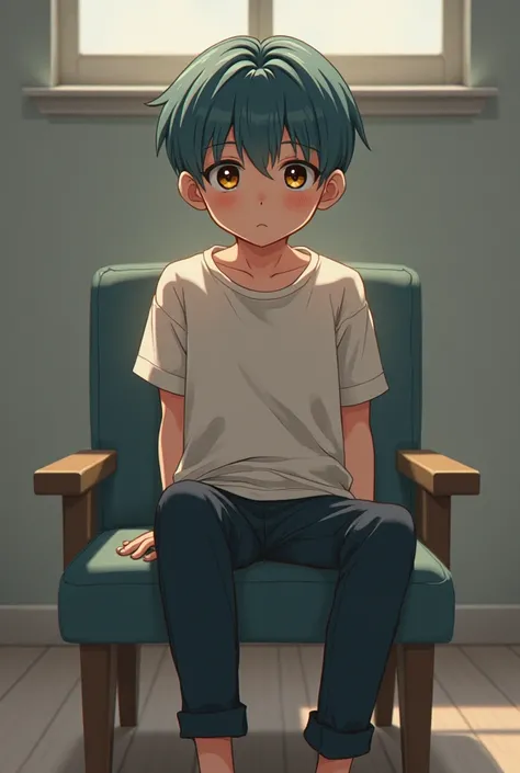 A anime boy sit in chair and he looks at me 