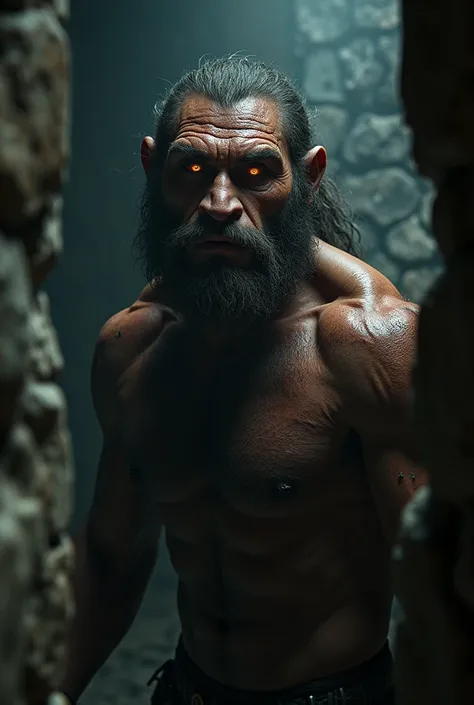 Neanderthal man in a medieval dungeon, 3D effect ultra-detailed intricate insanely full HD, cgsociety contest winner, artstation quality intense gaze, expressive eyes, depth of field, motion lines, action painting cinematic film light, 