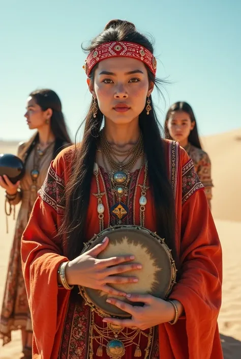 Femme Alafi en costume traditionnel tenant un petit tambour dans le désert, une jeune femme en costume chamanique, une fille tenant une sphère, le décor du film Silk Road, Belle jeunesse, portrait shot, ancienne princesse Lieb, la ligne de fuite du désert ...