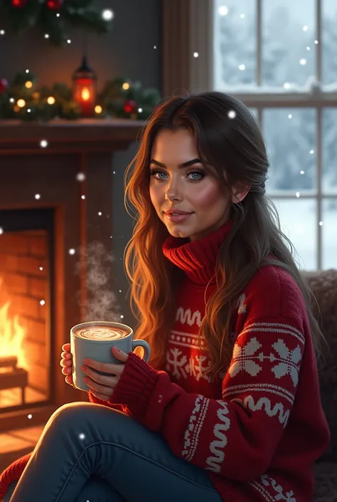 Cette jeune femme porte un pull de noël et bois un bon chocolat chaud devant un feu de cheminée et par la fenêtre, il neige