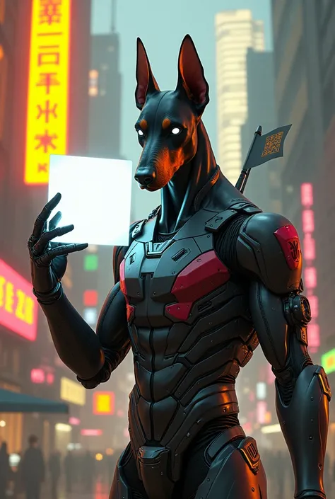 A white-eyed Doberman dog with black and red armor wearing a bionic helmet standing up holding a large white square behind. His fingers appear on the front in a cyberpunk style city with yellow and pink lights with a flag written QR cod   