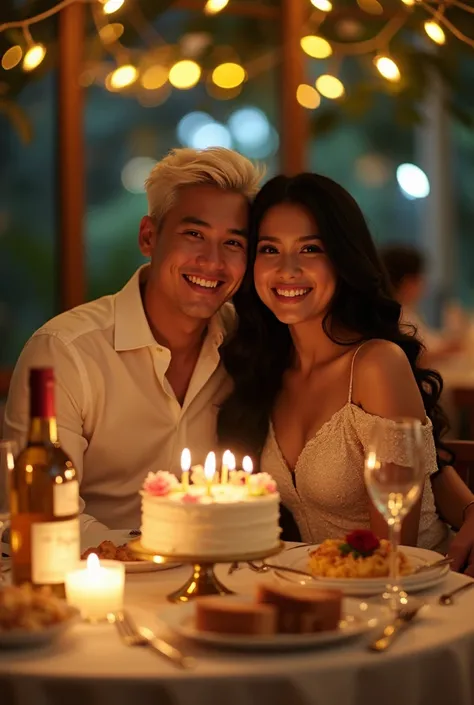 A cinematic photograph of a young Korean couple enjoying a romantic dinner in a classic restaurant. The man has neatly styled white short hair, while the woman chubby with long straight black mixed white hairstyle. Both are dark brown dressed in matching c...