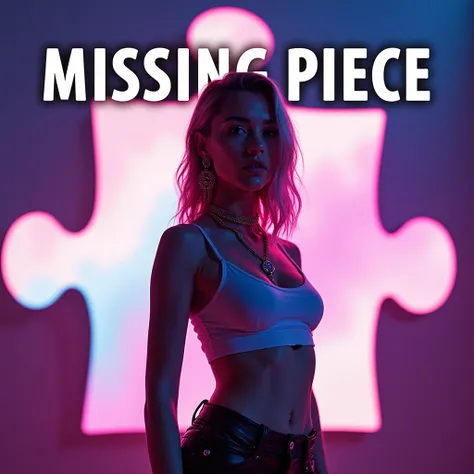 The image features a young woman, a fashion influencer, posing in a futuristic and minimalist setting. She stands in front of a large, illuminated puzzle piece, symbolizing the title "Missing Piece." The background showcases a colorful, abstract light inst...