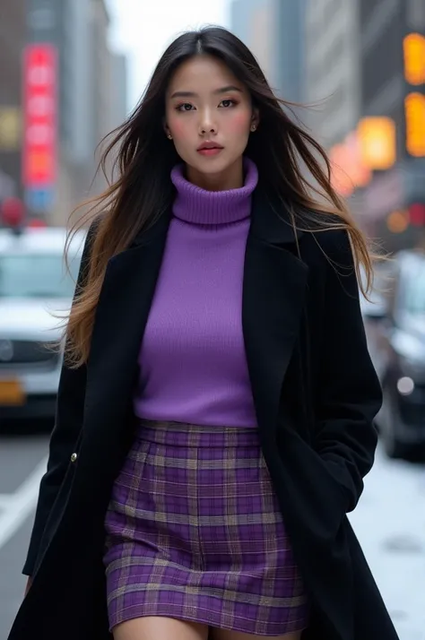 a Thai woman ,  long black hair,  and with light blonde highlights ,  skin glow ultra illuminating illuminator ,  defined square chin and jaw ,  thick lips with gloss ,  has a purple checkered sweater ,  and a short plaid purple skirt ,  black coat walking...