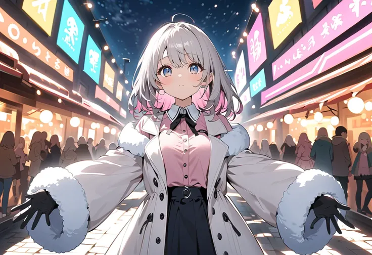 gloves、 scarf、White Breath、 starry sky 、、 face up、nightの冬街、 illuminations、Fantastic Light、night、 thick boa coat in 、 long coat and 、 scarf、 street concert、、 street live in the winter city 、 street concert、Wear a thick coat 、マイクを持ってSongう、冬空に向けて街中でSongう、snow...