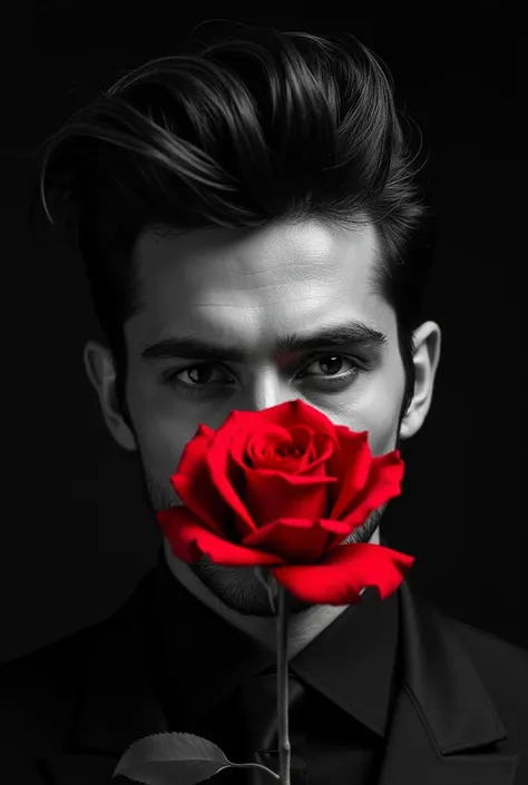 A man with 90s hairstyle in the dark covering his half face with red rose (black and white but only red rose has colour)