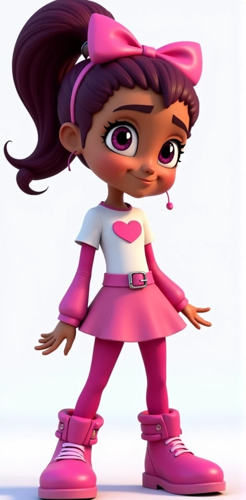 Rosita, pj masks OCs, pink Headbow, dark pink large slicked ponytail hair, white shirt with heart Symbol, pink belt with Headbow, Pink leggins, pink skirt, pink shoes chunky ankle, pj masks style 2d animation,