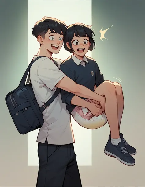 Asian, very short hair, bob cut, black hair, straight hair, happy, surprised, slim, black eyes, boy carrying school bag with diaper full of pee hugs mom,