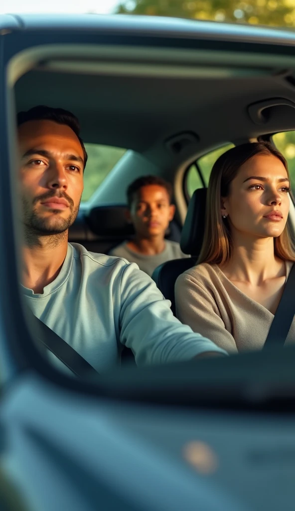 A hyper-realistic, high-quality image capturing three people inside a car. The husband is driving with a focused expression, sitting in the driver’s seat. His wife is seated beside him in the passenger seat, looking out the window with a serene demeanor. I...