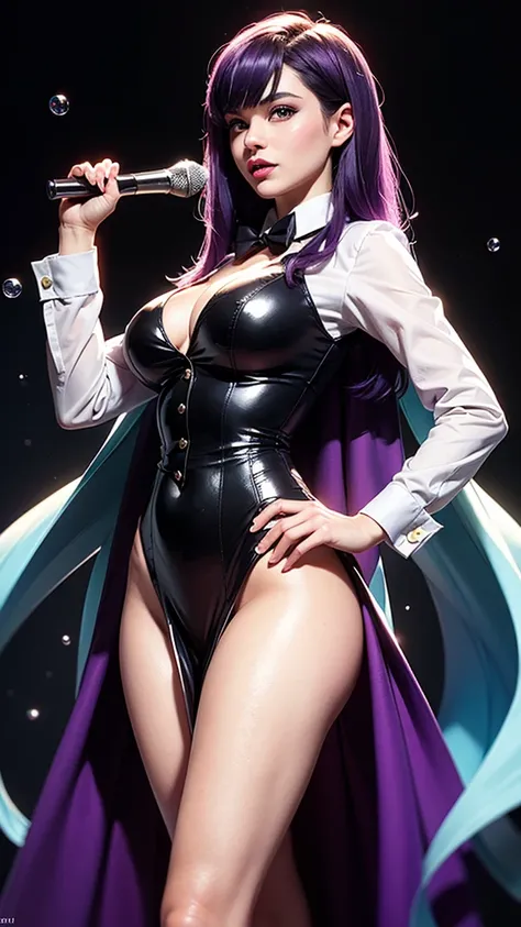 (Zatanna from DC Super Hero Girls 2019), (long purple hair), (straight purple hair), (sparkly purple hair), (magical purple hair) (Dark purple), (Zatanna is a beautiful teenage girl with fair skin and a distinctive hourglass figure), (thick light indigo ha...