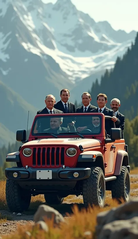 Genrate a highly realistic image of  Russian president Vladimir Putin, Chinese President xi jinping, Indian prime minister Narendra modi , Brazil prime minister and south african president in a open jeep  