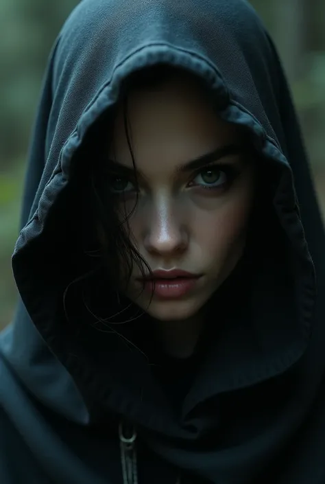 Sexy woman up close in hood as grim reaper 3/4 view light on face