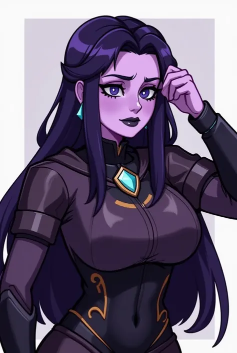 morgana from league of legends , light purple skin , dark purple hair , dark eye liner ,black lipstick , disappointed stare ,looking down on viewer ,  ample bossom , raising an eyebrow , old and mature 
